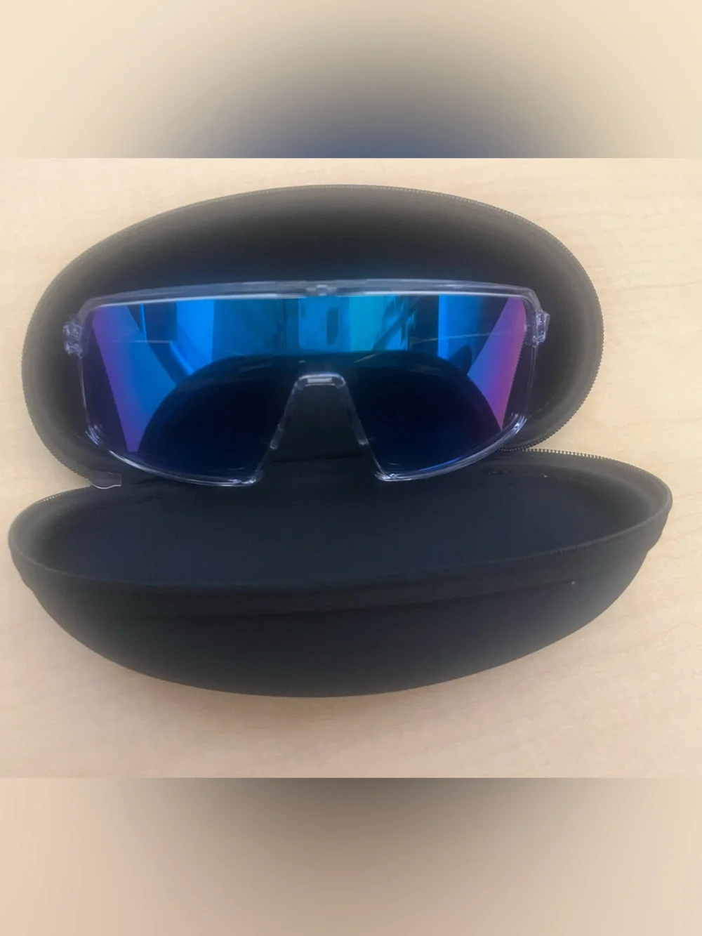 Oakley Clear Frame Blue Mirrored Shield Sunglasses - Polarized Look
